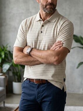 BD Baggies Men's Ivory Cream Dotted Pattern Short Sleeve Polo Shirt Size Medium